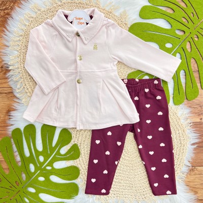 Conj. Sobretudo com Pérolas na Gola e Calça Legging Corações - Rosa e Uva